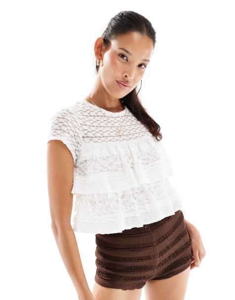 Miss Selfridge lace ruffle short sleeve top in cream - view 1