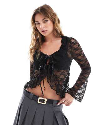 lace ruffle tie detail blouse-Black