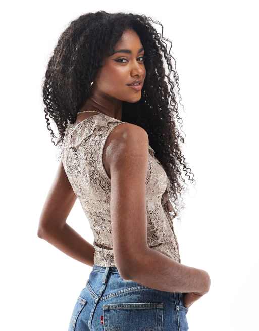 Miss Selfridge lace ruffle tie front sleeveless top in mocha