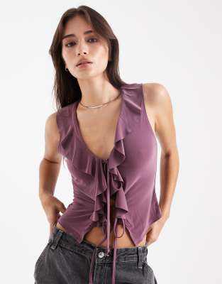 Miss Selfridge Lace Ruffle Tie Front Sleeveless Top In Purple