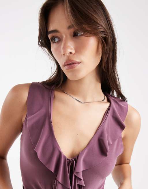 Miss Selfridge lace ruffle tie front sleeveless top in plum, 3 of 4