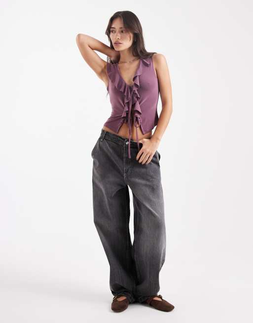 Miss Selfridge lace ruffle tie front sleeveless top in plum, 4 of 4