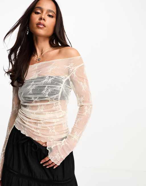 Miss Selfridge lace sheer long sleeve top in cream ASOS