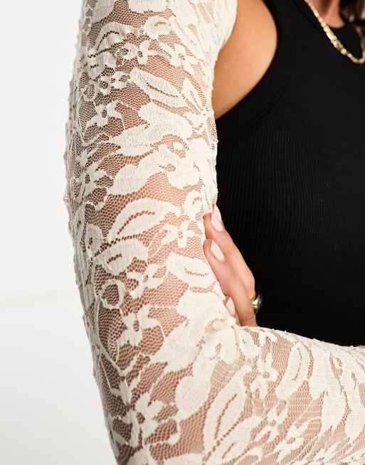 Miss Selfridge lace sheer long sleeve top in cream