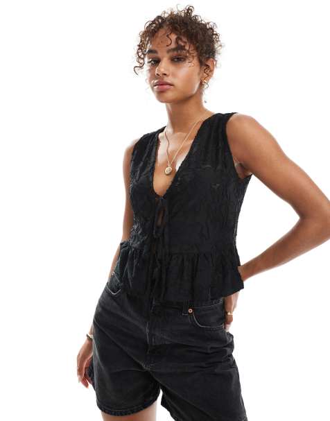 Miss Selfridge lace sleeveless tie front top in black - view 1
