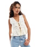 [Miss Selfridge] Miss Selfridge lace sleeveless tie front top in light beige-White L Light Beige