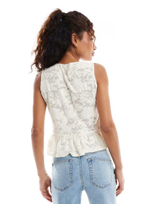 Miss Selfridge lace sleeveless tie front top in light beige, 4 of 4