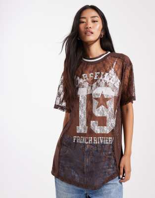Miss Selfridge Lace Soccer Top In Brown