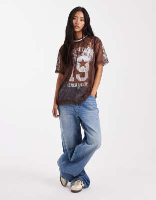 Miss Selfridge Lace Soccer Top In Brown