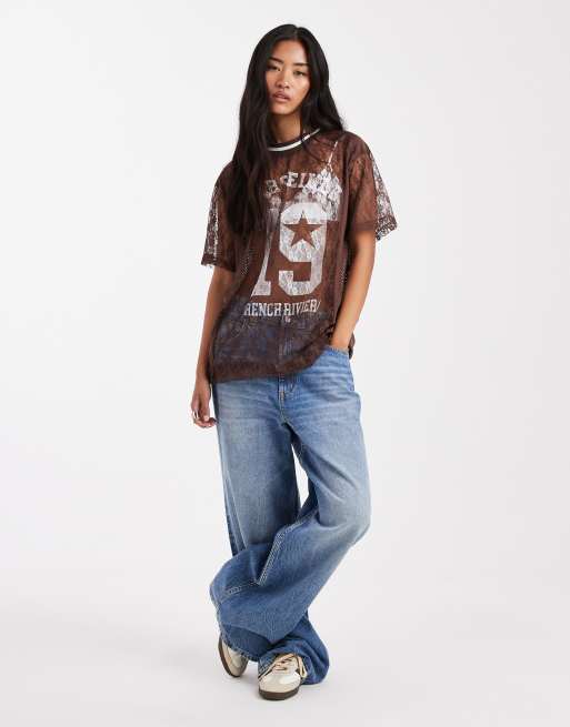 Miss Selfridge lace soccer top in chocolate