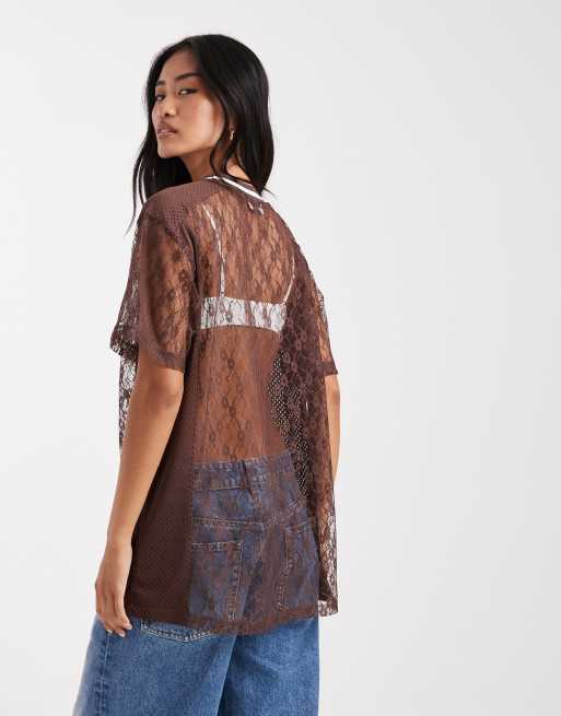 Miss Selfridge lace soccer top in chocolate