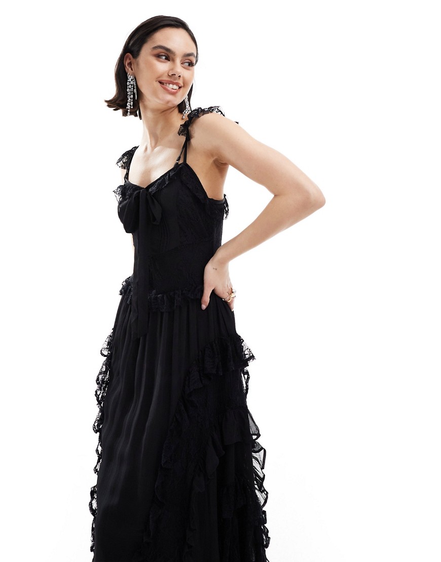 Miss Selfridge lace strappy ruffle maxi dress in black
