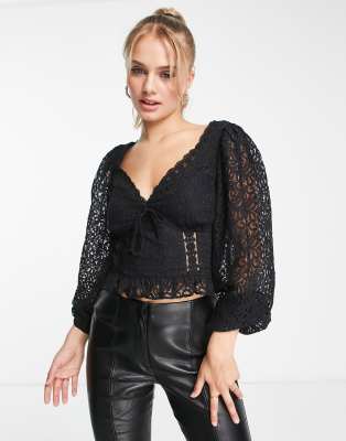 Miss Selfridge lace tie front corset top in black