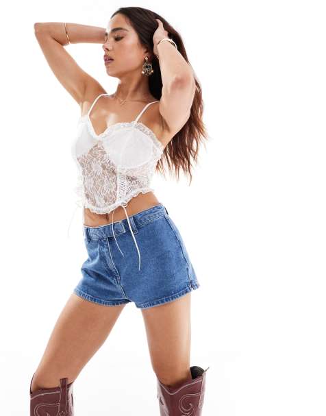 Miss Selfridge lace tie front festival corset top in cream - view 1