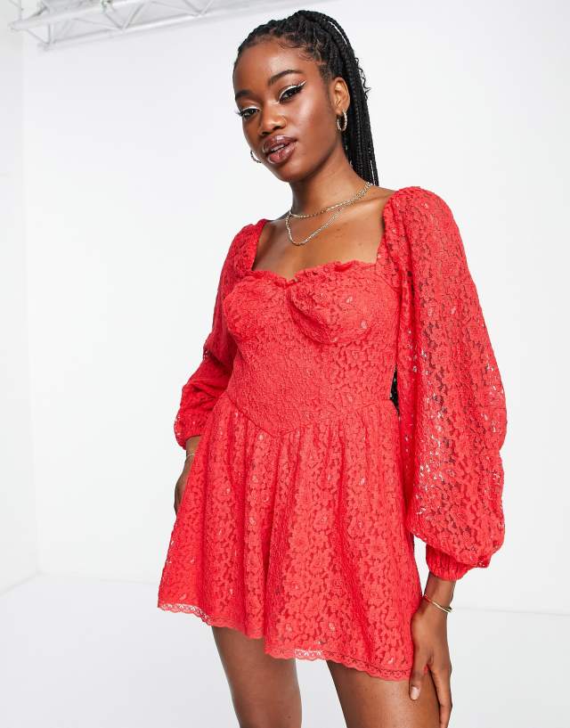 Miss Selfridge lace tie front romper in red