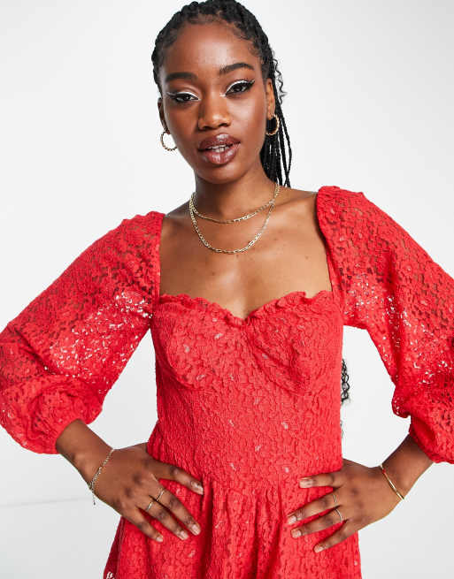 Red lace store romper dress