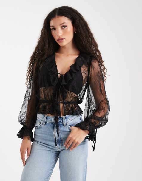 Miss Selfridge lace tie front ruffle blouse in black