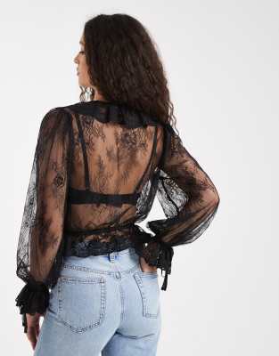 Miss Selfridge Lace Tie Front Ruffle Blouse In Black