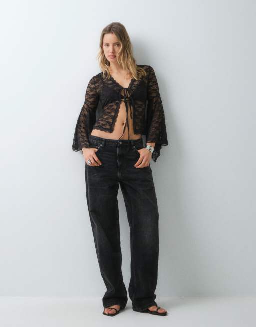 Miss Selfridge Lace tie front top with fluted sleeve, 3 of 5