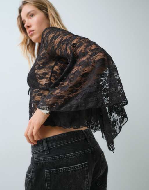 Miss Selfridge Lace tie front top with fluted sleeve, 5 of 5