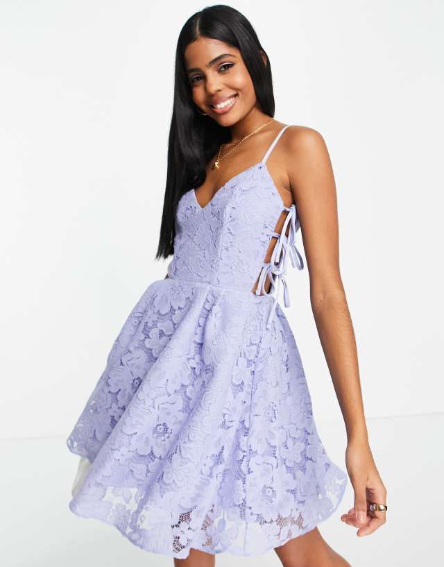 Miss Selfridge lace tie side mini prom dress in blue