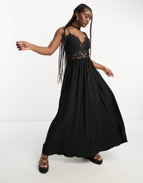 Free People polka dot lace detail satin slip dress in black