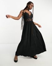 Anaya sheer maxi dress with bodysuit underlayer in black