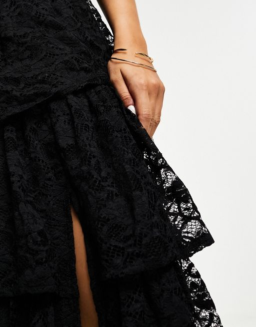 Miss Selfridge lace tiered maxi skirt in black