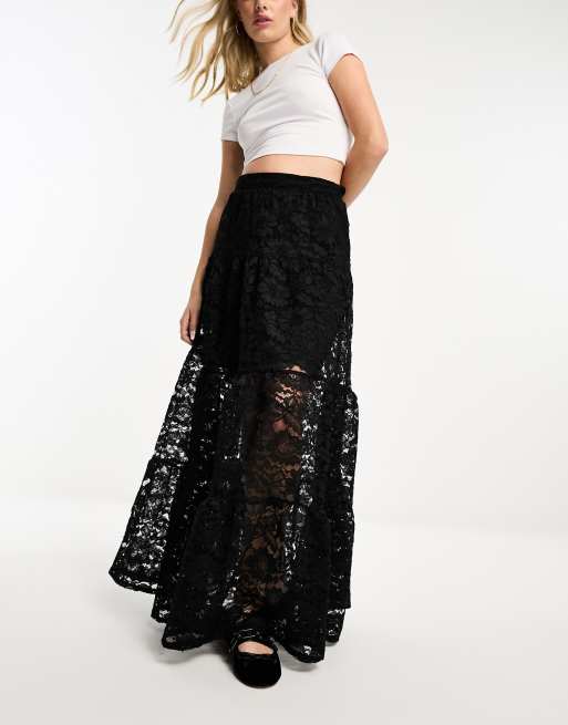 Miss Selfridge lace tiered maxi skirt in black