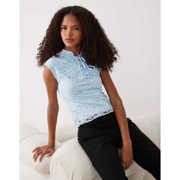 Miss Selfridge lace top with tie-up mandarin collar in blue | ASOS