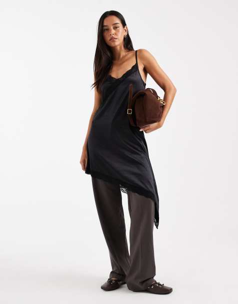Miss Selfridge lace trim asym dress in black - view 1