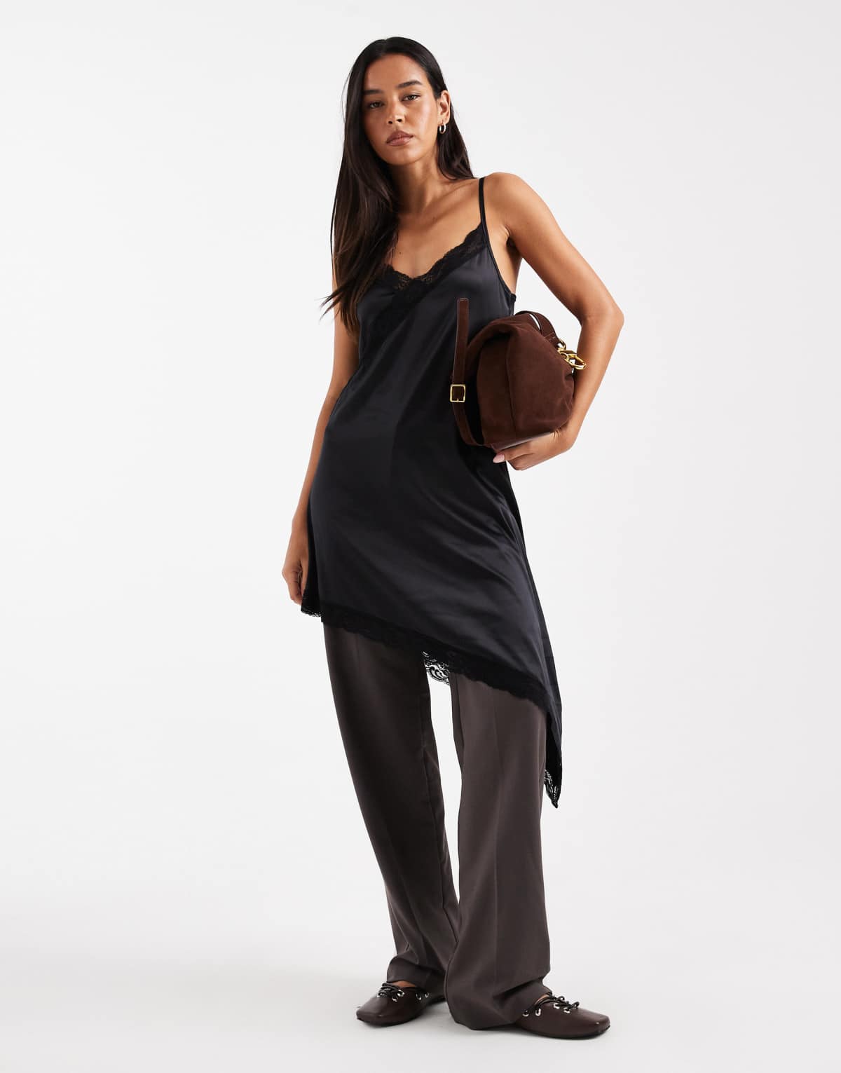 Miss Selfridge lace trim asym dress in black