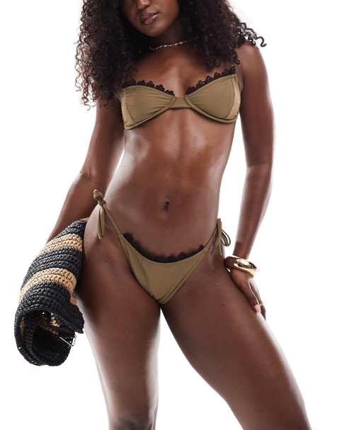 Miss Selfridge lace trim bikini set in khaki - view 1