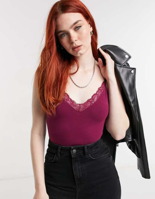 Miss Selfridge lace trim bodysuit in burgundy