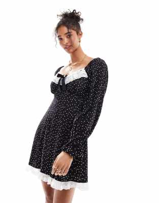 Miss Selfridge Miss Selfridge lace trim bow detail mini tea dress in polka dot-Black