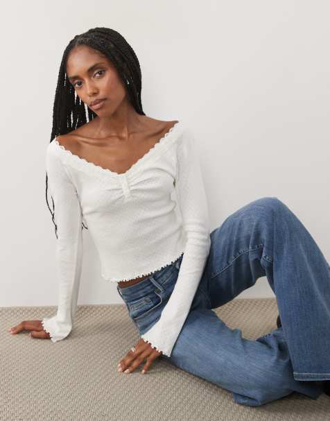 Miss Selfridge lace trim button pointelle top in antique white - view 1