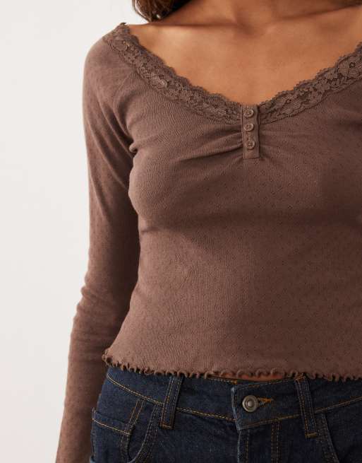 Miss Selfridge lace trim button pointelle top in chocolate, 2 of 4