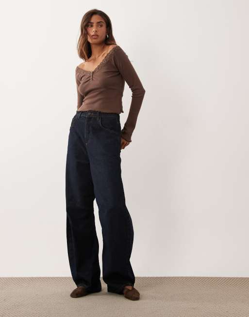 Miss Selfridge lace trim button pointelle top in chocolate, 3 of 4