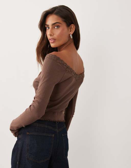 Miss Selfridge lace trim button pointelle top in chocolate, 4 of 4
