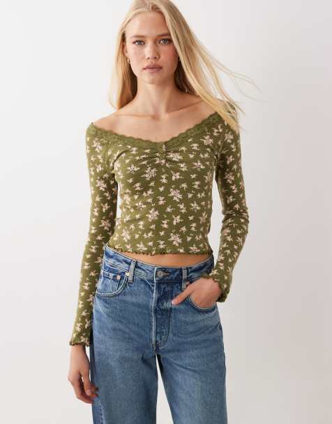 Miss Selfridge lace trim button pointelle top in olive print - view 1