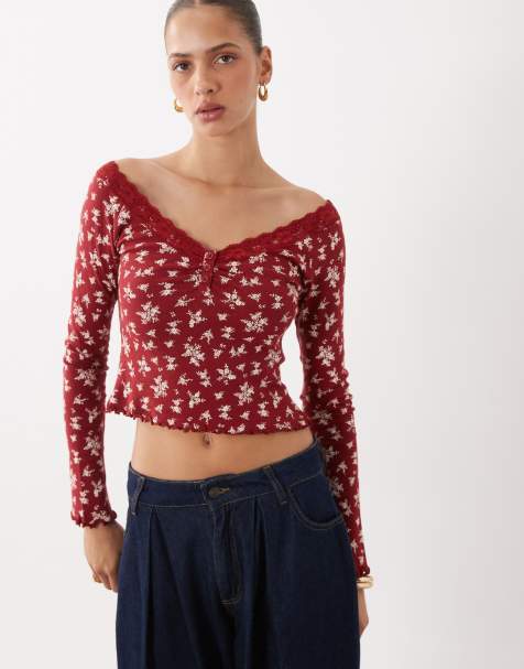 Miss Selfridge lace trim button pointelle top in red print - view 1