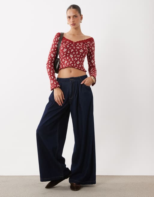 Miss Selfridge lace trim button pointelle top in red print, 2 of 4