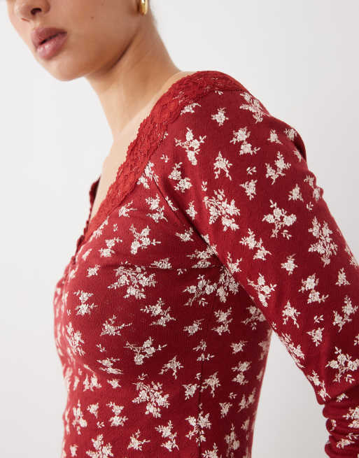 Miss Selfridge lace trim button pointelle top in red print, 3 of 4