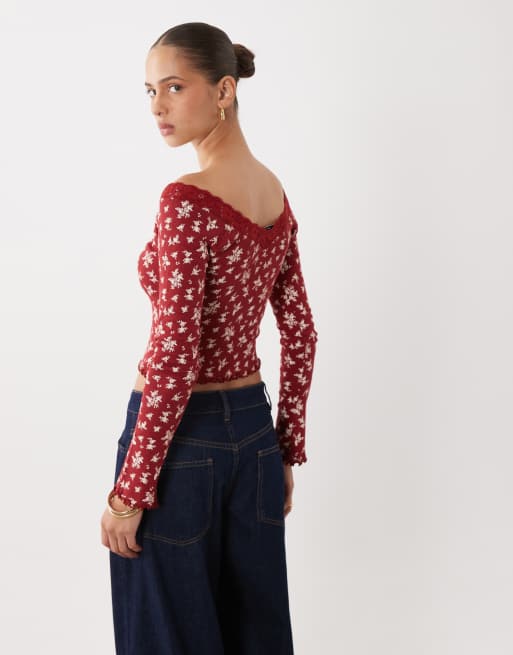 Miss Selfridge lace trim button pointelle top in red print, 4 of 4
