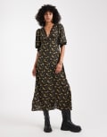 [Miss Selfridge] Miss Selfridge lace trim button-through maxi dress in black ditsy-Multi 8 Yellow floral
