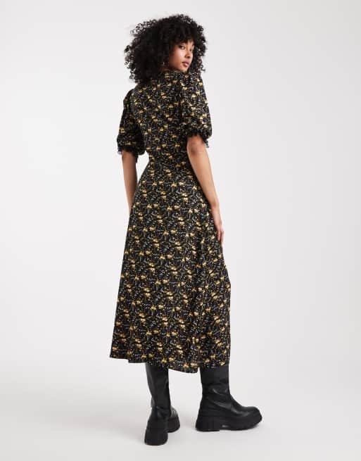 Miss Selfridge lace trim button through maxi dress in black ditsy, 2 of 4
