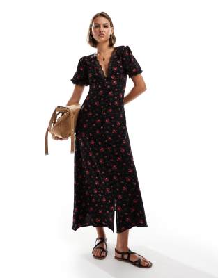 Miss Selfridge Lace Trim Button Through Maxi Dress In Rose Print-black