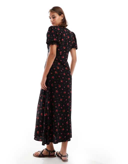 Miss Selfridge lace trim button through maxi dress in rose print, 3 of 4