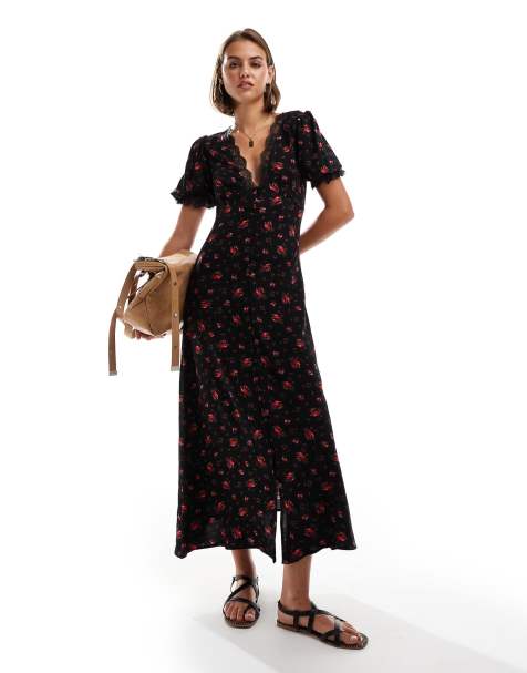 Miss Selfridge lace trim button through maxi dress in rose print - view 1
