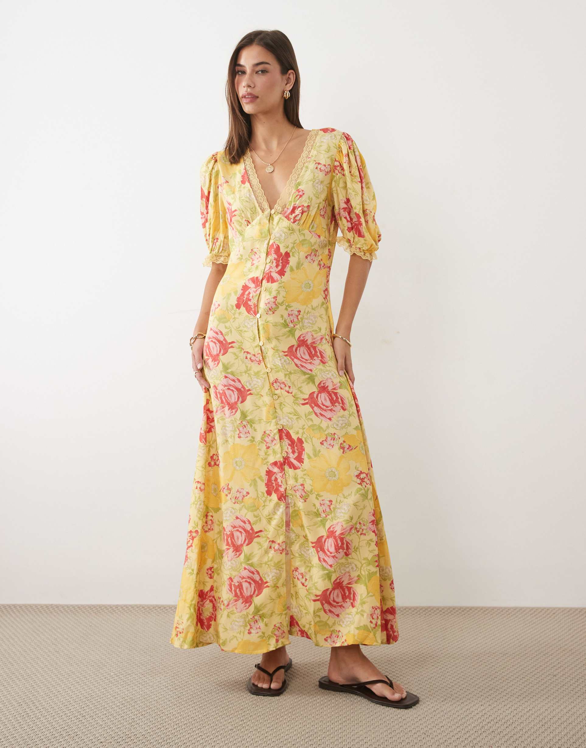 miss selfridge lace trim button up maxi dress in summer floral